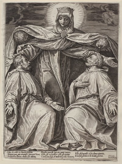 En Madonna med beskyttende kappe og to ordensbrødre af Agostino Carracci