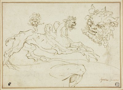 Fire skitser: Griffin, Grotesk Head, Head of Satyr, Bent Ben af Agostino Carracci