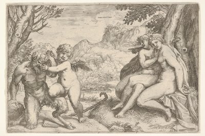 Kærlighed overvinder alt Omnia vincit Amor, i en kamp med en satyr placerer Amor sin højre kn..., 1599. af Agostino Carracci