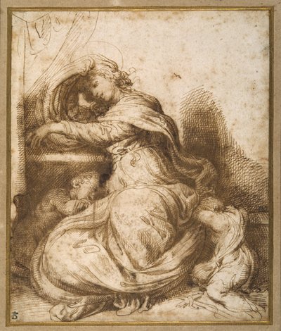 Madonna og barn med St John, alle i søvn (pen & brunt blæk og brun vask) af Agostino Carracci