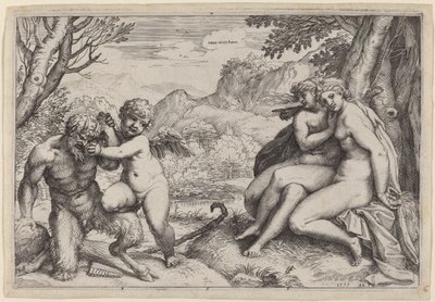 Pan Taming Eros af Agostino Carracci