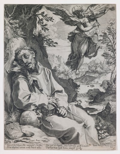 Sankt Frans trøstet af den musicerende engel af Agostino Carracci