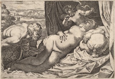 Satyr og nymfe af Agostino Carracci