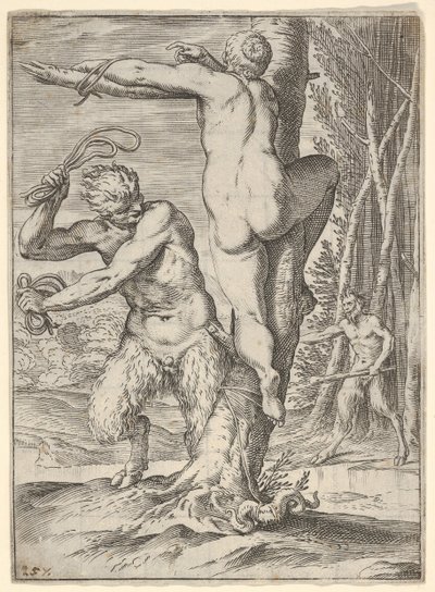 Satyr, der pisker en nymfe, som er vist bagfra og bundet til et træ, en anden saty..., ca. 1590-95. af Agostino Carracci