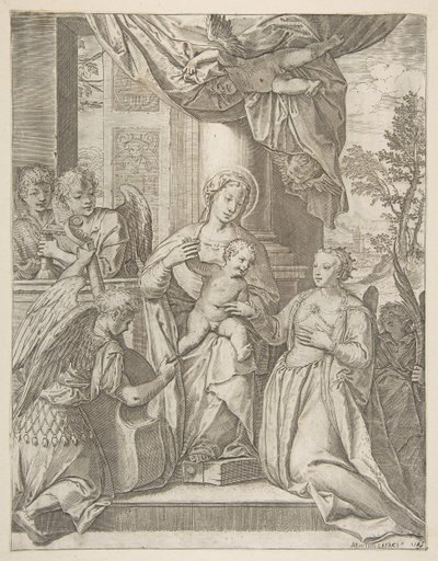 Det mystiske ægteskab mellem Saint Catherine, der sidder i centrum med Kristusbarnet, engle med..., 1585. af Agostino Carracci