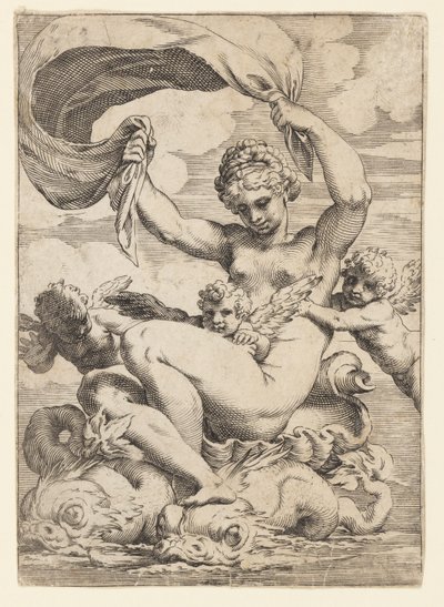 Venus (eller Galatea) og amoriner støttet af delfiner af Agostino Carracci