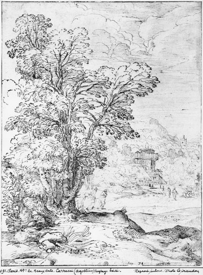 Skovklædt landskab (pen og blæk på papir) (bw foto) af Agostino Carracci