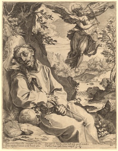 Sankt Frans trøstet af den musikalske engel af Agostino Carracci after Francesco Vanni