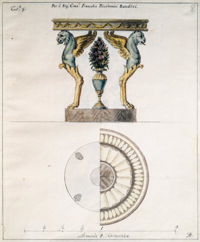 Sofabord designet af Agostino Fantastici (1782-1845) for Francesco Piccolomini Bandini, tegning, Italien af Agostino Fantastici