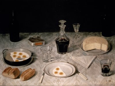 Stilleben med æg, brød, ost og vin (olie på lærred) af Agostino Jose da Mota