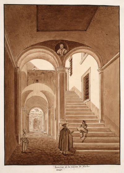 Interiør af Michelangelos hus, 1833 (radering med brun vask) af Agostino Tofanelli
