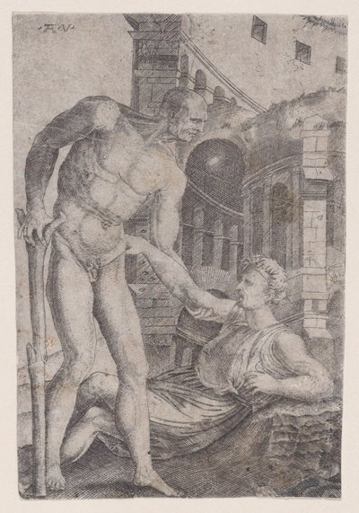 En mand, der hjælper en anden på benene, ca. 1514-36. af Agostino Veneziano