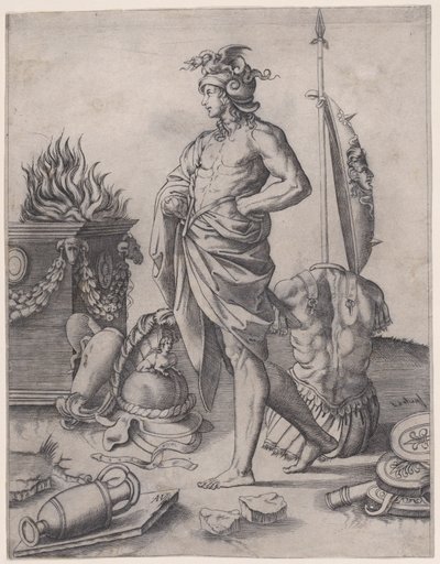 En ung helt nær et alter, ca. 1514-36. af Agostino Veneziano