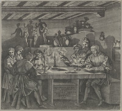 Baccio Bandinelli i sit atelier med en statuette af Venus, elever, der skitserer fra en måned, 1531. af Agostino Veneziano
