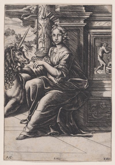 Kyskhed, en siddende kvinde, en enhjørning til højre for hende, ca. 1515-30. af Agostino Veneziano