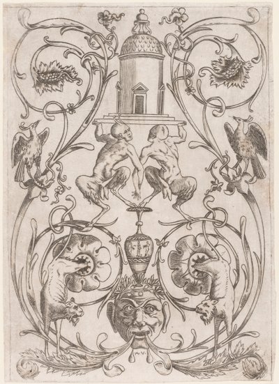 Grotesk Ornament med Satyrer, fra et sæt på tyve ornamentpaneler af Agostino Veneziano