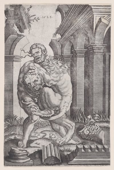 Hercules Strangling the Nemean Lion, dateret 1528. af Agostino Veneziano
