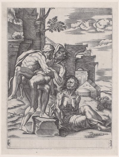 Hercules og Antaeus, dateret 1533., dateret 1533. af Agostino Veneziano