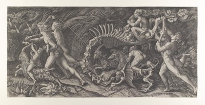 Lo Stregozzo: en kvindelig heks, der rider på et dyreskelet, efterfulgt af to mænd og ..., ca. 1515-25. af Agostino Veneziano