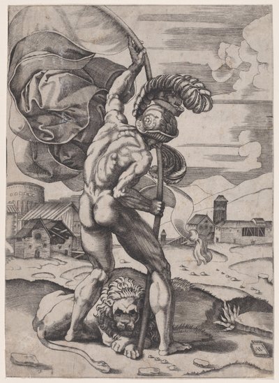 Mand med et flag, ca. 1514-36. af Agostino Veneziano