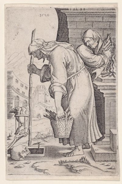 Gammel kvinde nærmer sig graven, dateret 1528. af Agostino Veneziano
