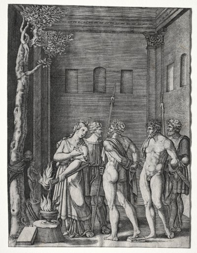 Orestes og Pylades bragt til Iphigenia for at ofre af Agostino Veneziano