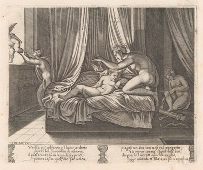 Plade 13: Psyche ser på Amor, fra historien om Amor og Psyche som fortalt af Apulei..., 1530-60. af Agostino Veneziano
