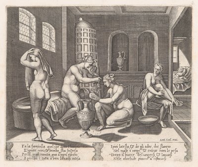 Plade 7: Psyche deltog i hendes bad, fra historien om Amor og Psyche som fortalt af Apu..., 1530-60. af Agostino Veneziano