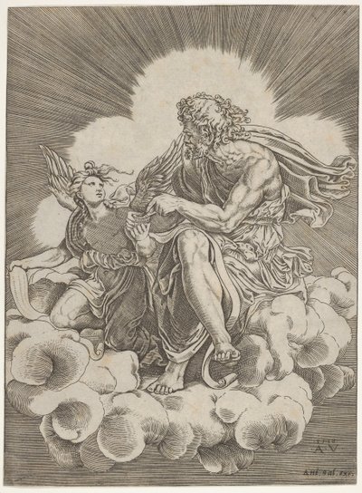 St. Matthæus, siddende på en sky og dyppede en fjerpen i et blækhus holdt af en engel..., ca. 1518-20. af Agostino Veneziano