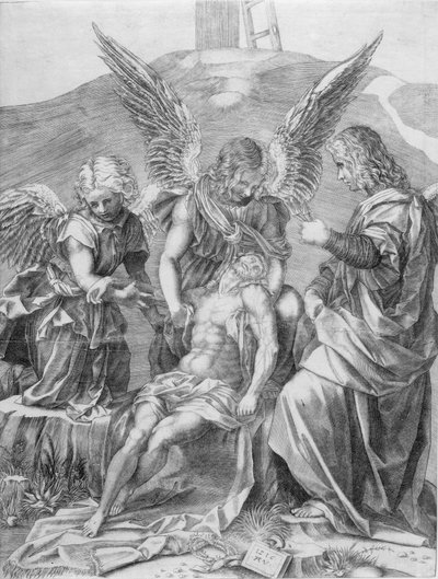 Kristi legeme støttet af tre engle, 1516. af Agostino Veneziano