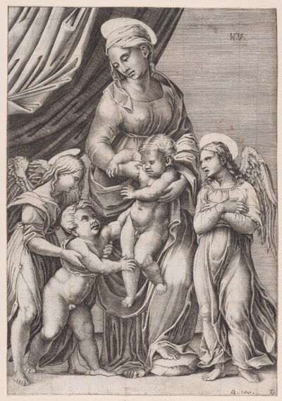 Jomfruen, spædbarnet Kristus, spædbarnet Sankt Johannes og to engle, dateret 1516. af Agostino Veneziano