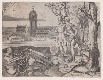 To mænd på en kirkegård, ca. 1514-36. af Agostino Veneziano