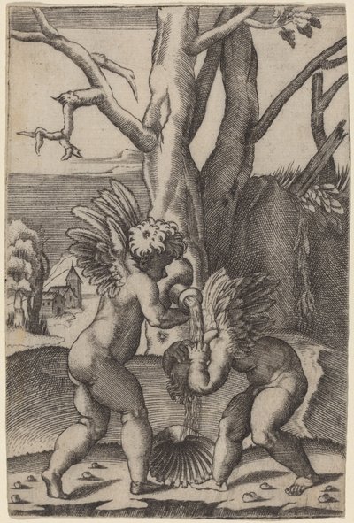 To kærligheder af Agostino dei Musi after Raphael