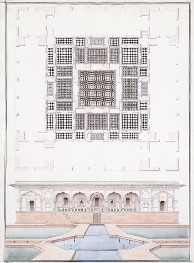 Højde af sydfronten og havepaladset i Suraj Bhawan ved Dig, ca. 1830 (blyant, pen og gråt blæk og akvarel) af Agra School