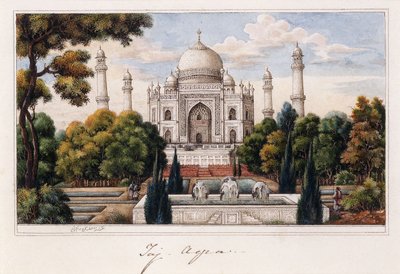 Taj Mahal fra haven, ca. 1840 (pen og gråt blæk, w/c, forhøjet med strejf af hvidt,) af Agra School