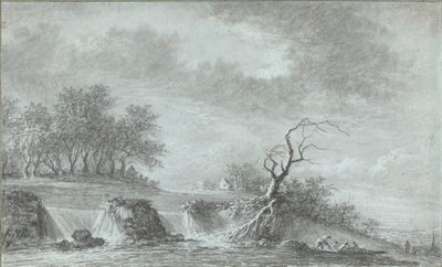 Flodlandskab med et vandfald af Aignan Thomas Desfriches