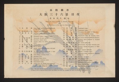 Indeks 36 visninger af Osaka af Rinsaku Akamatsu med Haiku-digte om synspunkter af Getto Aoki (titel på objekt) Seksogtredive ansigter af Osaka (serietitel) Ôsaka sanjûrokkei (serietitel på objekt) af Akamatsu Rinsaku