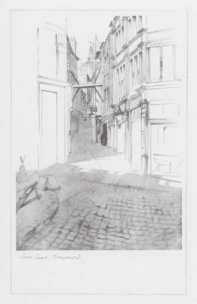 Gaderne i London: Love Lane, Monument (litografi) af Alan Stapleton