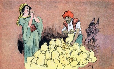 Ali Baba viser guldposerne til sin kone Illustration af Albert Robida til Ali Baba and the Forty Thieves 1945 Private Collection af Albert (after) Robida