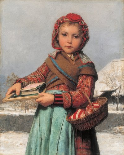Skolepige med skifer og sykurv. 1878 af Albert Anker
