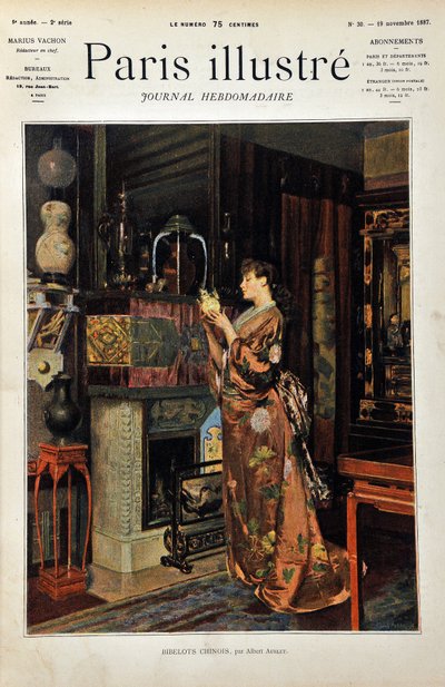 Kinesiske nipsgenstande En europæisk kvinde klædt i Orientale observerer sit udvalg af kinesiske genstande. Illustration af Albert Aublet (1851-1938). Indgravering fra 1887 i "" Paris-Illustrous journal weekly"". af Albert Aublet
