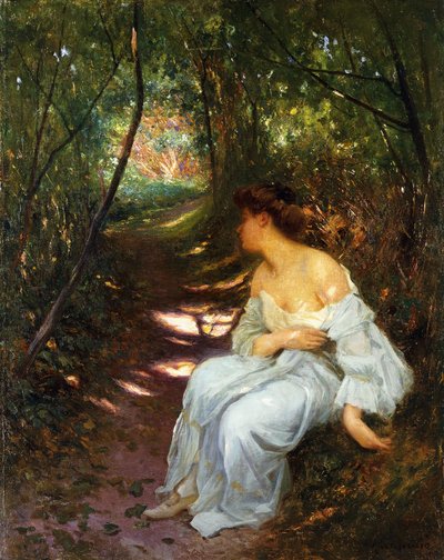 En ung kvinde siddende på en skovklædt sti, 1908 af Albert Auguste Fourie
