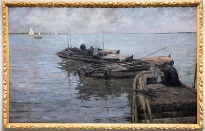 Paa Nedre Schelde, Sidste Straaler, Fortøjede Fiskere af Albert Baertsoen