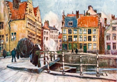 "Pont aux Herbes", Gent (farvelitografi) af Albert Baertsoen