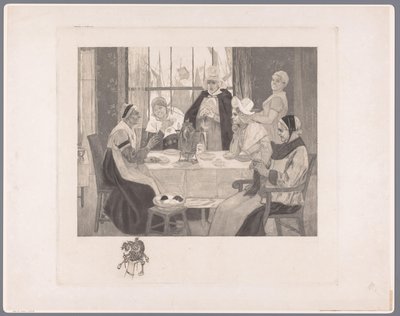 Selskab af kvinder i traditionel kostume ved bordet skandale af Albert Bertrand (attributed to)