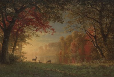 Indisk solnedgang: Hjort ved en sø, ca. 1880-90 af Albert Bierstadt