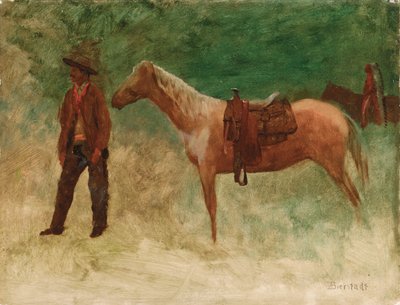 Seisova cowboy hevosen kanssa af Albert Bierstadt