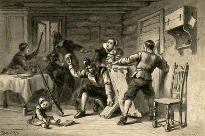 Puritanere barrikaderer deres hus mod indianere, 1877. af Albert Bobbett
