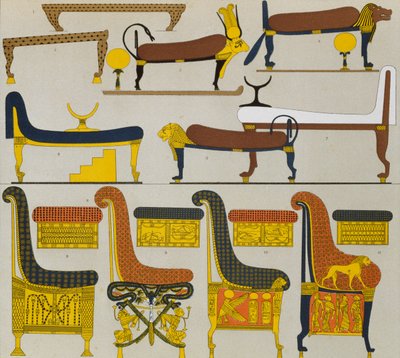 Gamle egyptiske møbler, litografi af Spiegel, fra Le Costume Historique ( History of Costumes), Vol II, af Auguste Racinet af Albert Charles August Racinet