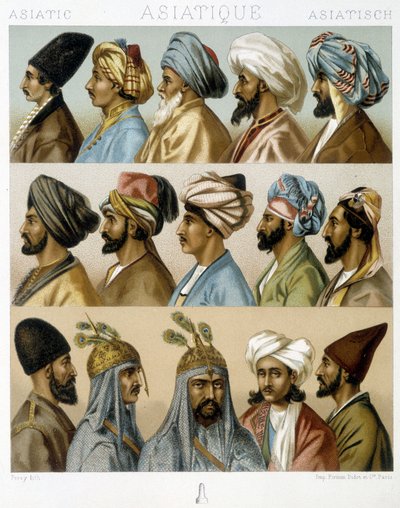 Asiatiske mandlige frisurer - i "" Det historiske kostume"" af Racinet, slutningen af det 19. århundrede af Albert Charles August Racinet